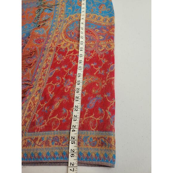 Reversible Fringe Shawl Scarf Pink Blue Paisley Metallic Thread Women's 28"x68" - Picture 4 of 10